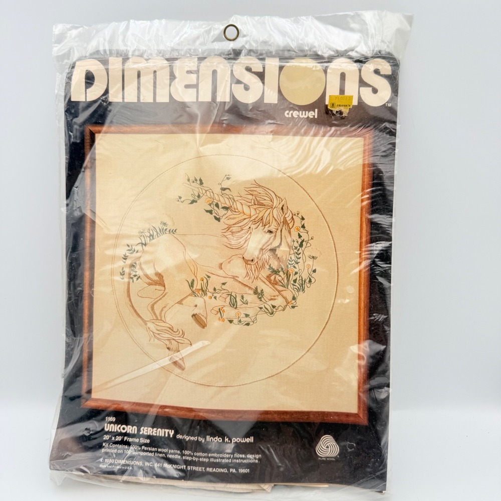 Vintage 1980 Dimensions Crewel Kit 1169 Unicorn Serenity Linda K Powell 20x20
